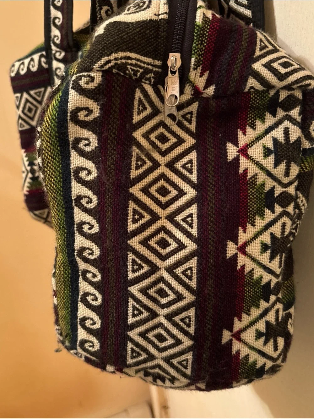 Indigenous Tribal Print Duffel Bag - Black, Cream & Burgundy with animal/lamas.